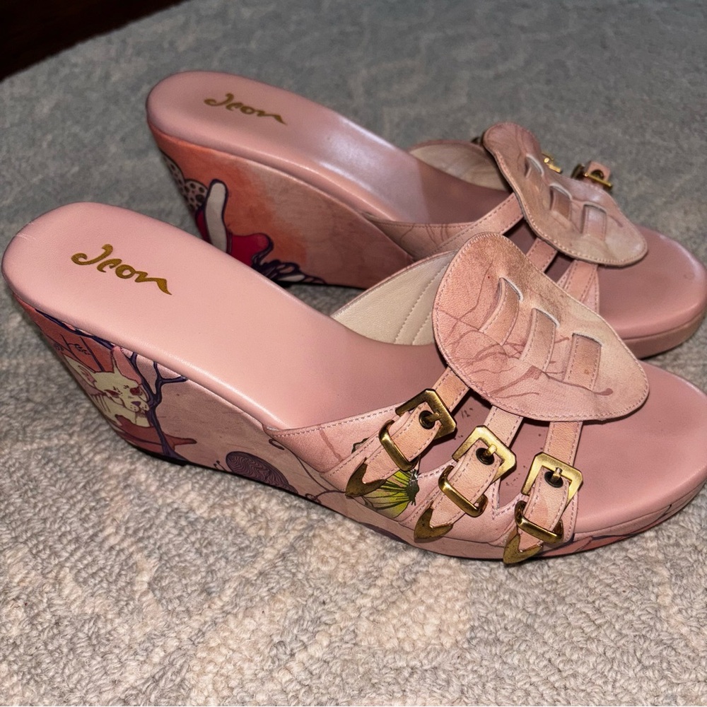 Jeon Cat Lady Theme Wrapped Pastel Pink Artsy Statement Wedge Sandals 9.5M
